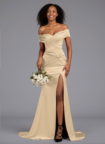 Trumpet/Mermaid Off-The-Shoulder Sweep Train Silk Like Satin Bridesmaid Dresses With High Split