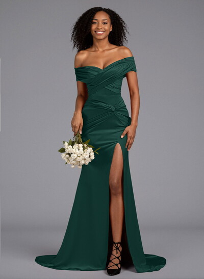 Trumpet/Mermaid Off-The-Shoulder Sweep Train Silk Like Satin Bridesmaid Dresses With High Split