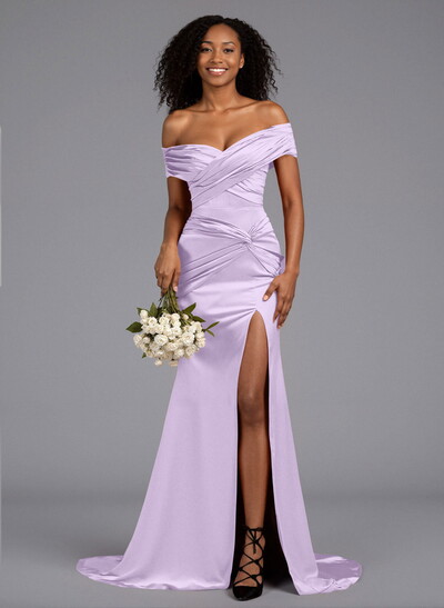 Trumpet/Mermaid Off-The-Shoulder Sweep Train Silk Like Satin Bridesmaid Dresses With High Split