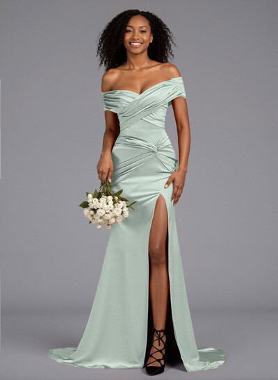 Trumpet/Mermaid Off-The-Shoulder Sweep Train Silk Like Satin Bridesmaid Dresses With High Split