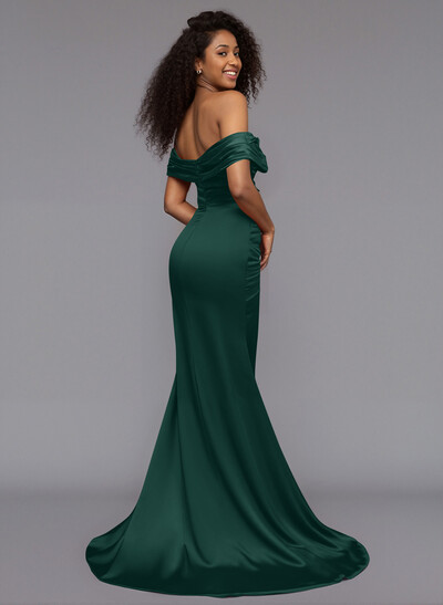 Trumpet/Mermaid Off-The-Shoulder Sweep Train Silk Like Satin Bridesmaid Dresses With High Split
