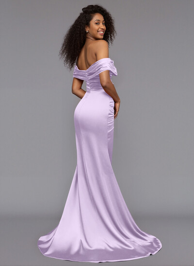 Trumpet/Mermaid Off-The-Shoulder Sweep Train Silk Like Satin Bridesmaid Dresses With High Split