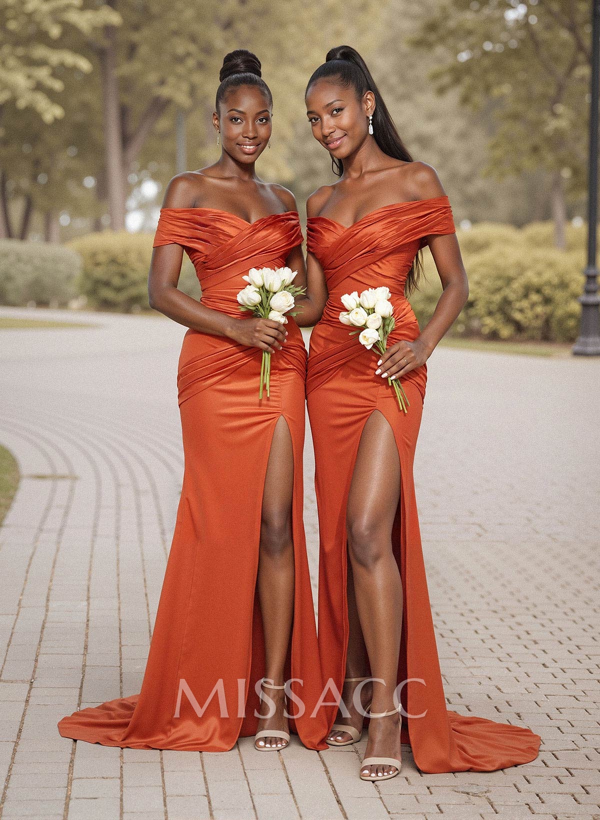 Trumpet/Mermaid Off-The-Shoulder Sweep Train Silk Like Satin Bridesmaid Dresses With High Split Trumpet/Mermaid Off-The-Shoulder Sweep Train Silk Like Satin Bridesmaid Dresses With High Split