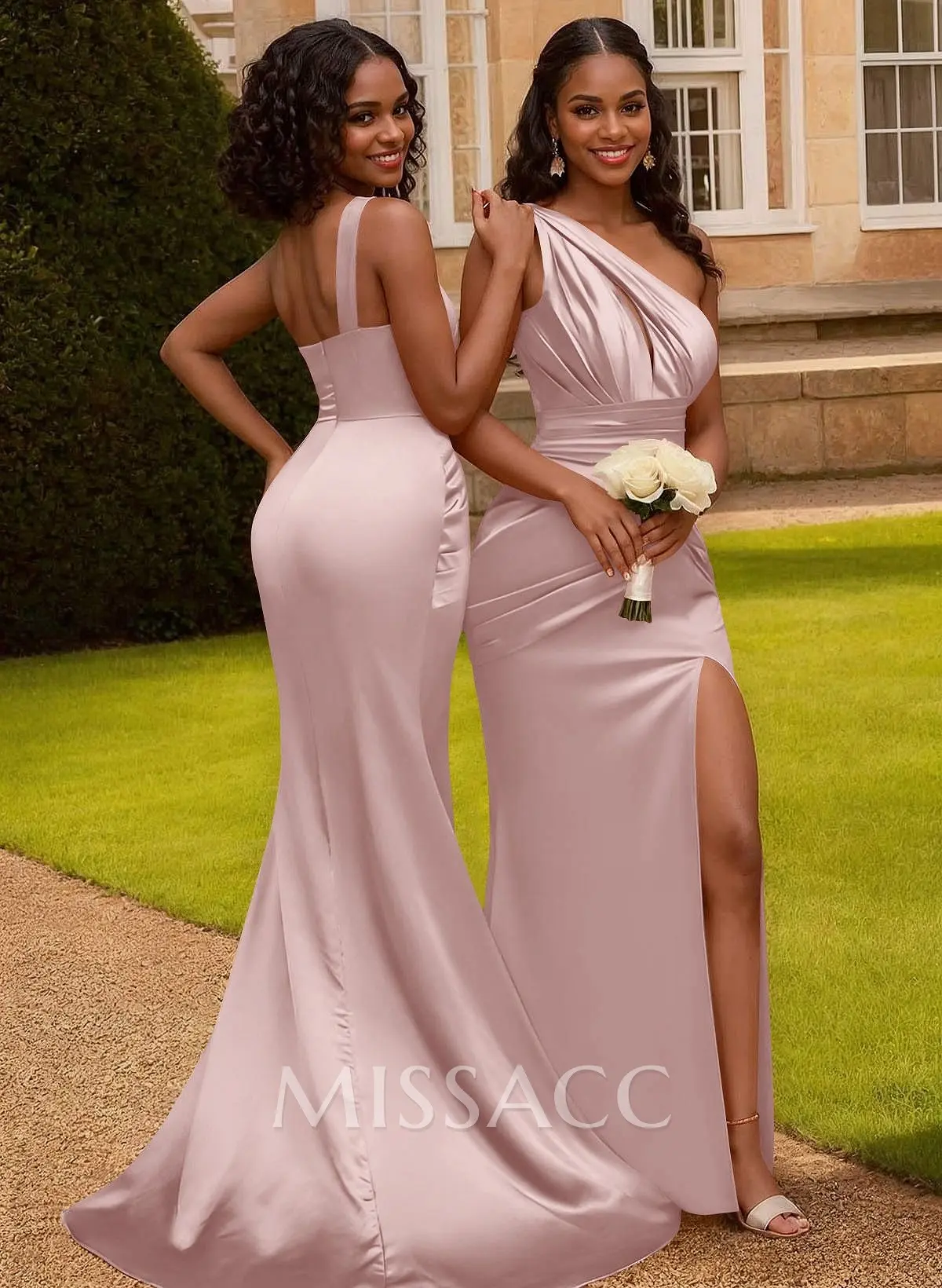 stretch satin tank bridesmaid dress with train Missacc Pearl Pink Trumpet/Mermaid One-Shoulder Sweep Silk Like Bridesmaid Dresses High Split Size:XLB Charmeuse bridesmaid dresses with Feed-Gender-Womens homecomeing dresses Lovely Sky