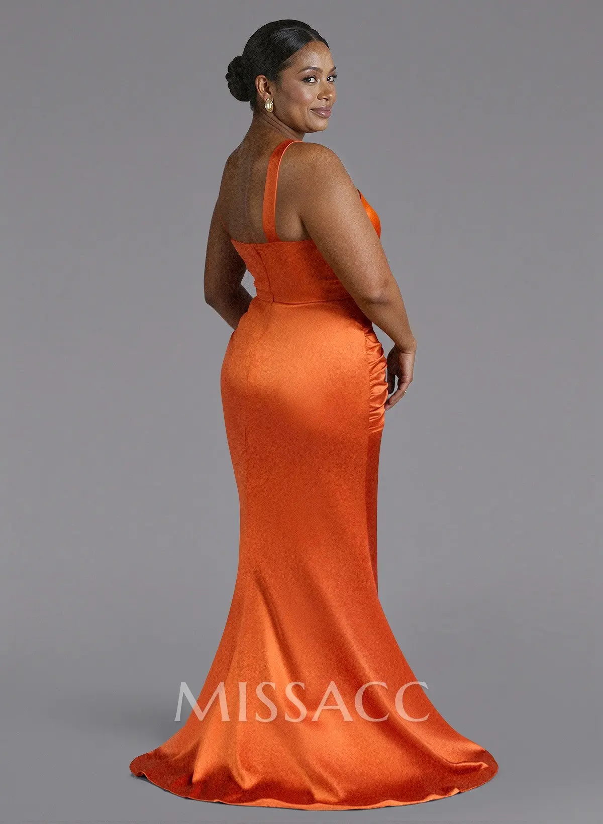 Trumpet/Mermaid One-Shoulder Sweep Train Silk Like Satin Bridesmaid Dresses With High Split - Missacc Trumpet/Mermaid One-Shoulder Sweep Train Silk Like Satin Bridesmaid Dresses With High Split - Missacc