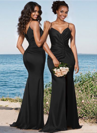 Trumpet/Mermaid V-Neck Sweep Train Silk Like Satin Bridesmaid Dresses With High Split