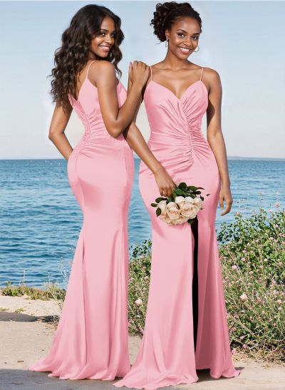 Trumpet/Mermaid V-Neck Sweep Train Silk Like Satin Bridesmaid Dresses With High Split