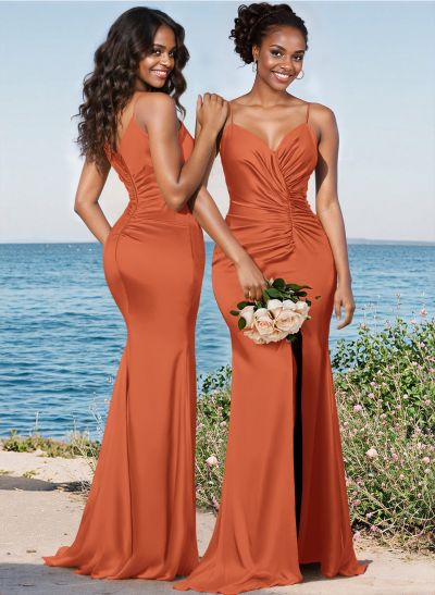 Trumpet/Mermaid V-Neck Sweep Train Silk Like Satin Bridesmaid Dresses With High Split