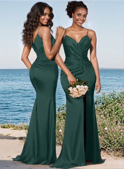 Trumpet/Mermaid V-Neck Sweep Train Silk Like Satin Bridesmaid Dresses With High Split