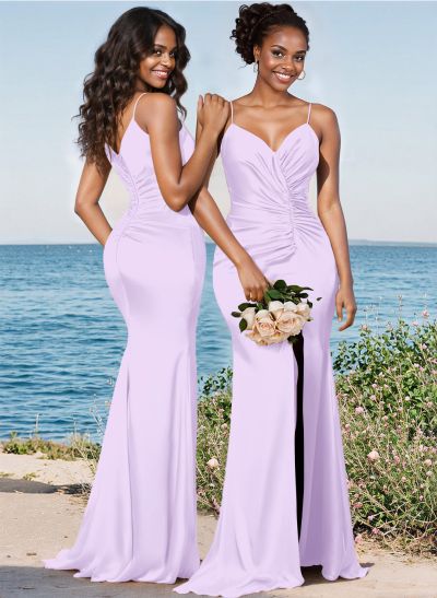 Trumpet/Mermaid V-Neck Sweep Train Silk Like Satin Bridesmaid Dresses With High Split