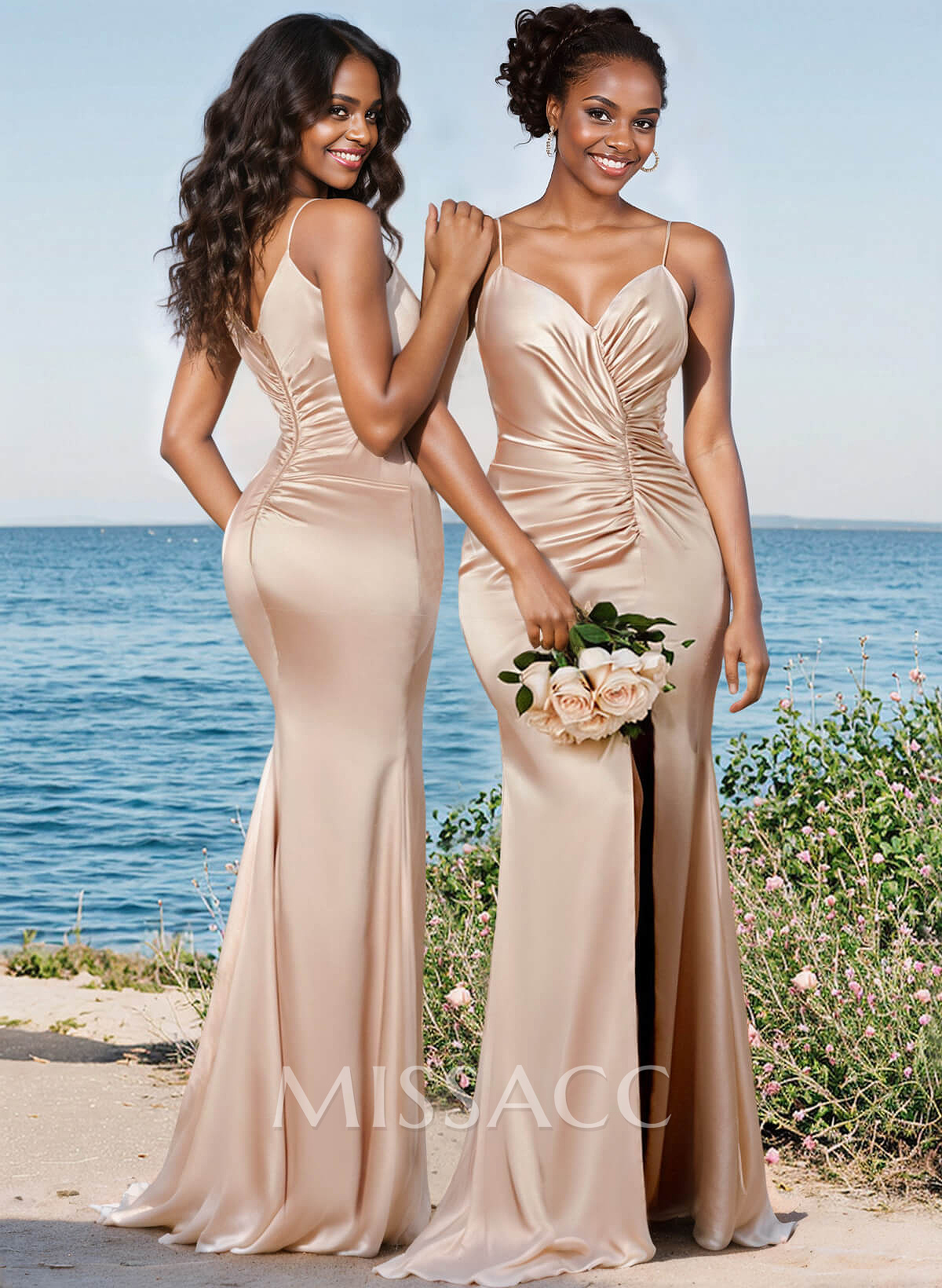 Trumpet/Mermaid V-Neck Sweep Train Stretch Satin Bridesmaid Dresses With High Split Trumpet/Mermaid V-Neck Sweep Train Stretch Satin Bridesmaid Dresses With High Split