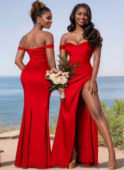 Sheath/Column Off-The-Shoulder Charmeuse Bridesmaid Dresses With High Split