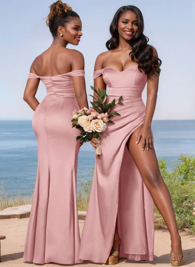 Sheath/Column Off-The-Shoulder Floor-Length Satin Bridesmaid Dresses With High Split