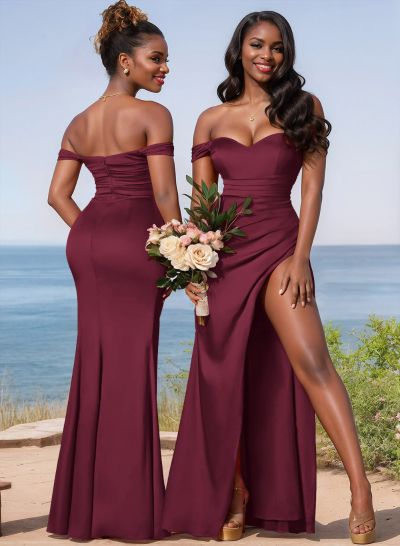 Sheath/Column Off-The-Shoulder Floor-Length Satin Bridesmaid Dresses With High Split