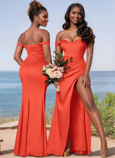 Sheath/Column Off-The-Shoulder Charmeuse Bridesmaid Dresses With High Split