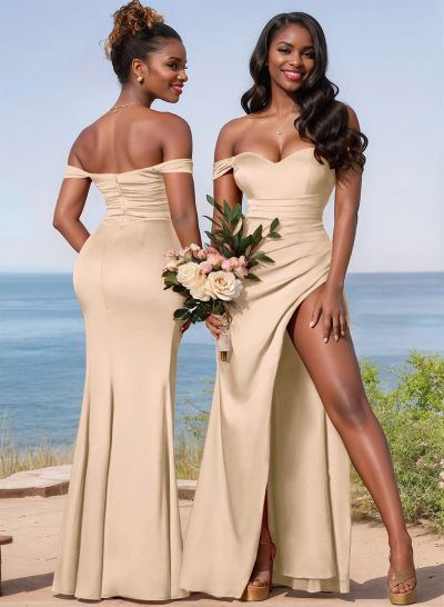 Sheath/Column Off-The-Shoulder Floor-Length Satin Bridesmaid Dresses With High Split