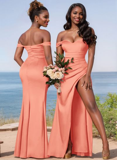 Sheath/Column Off-The-Shoulder Floor-Length Charmeuse Bridesmaid Dresses With High Split