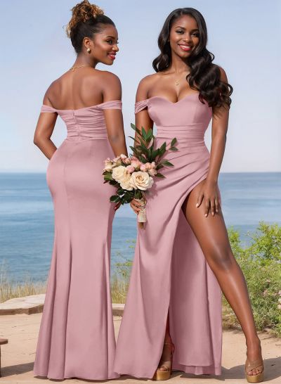 Sheath/Column Off-The-Shoulder Floor-Length Satin Bridesmaid Dresses With High Split