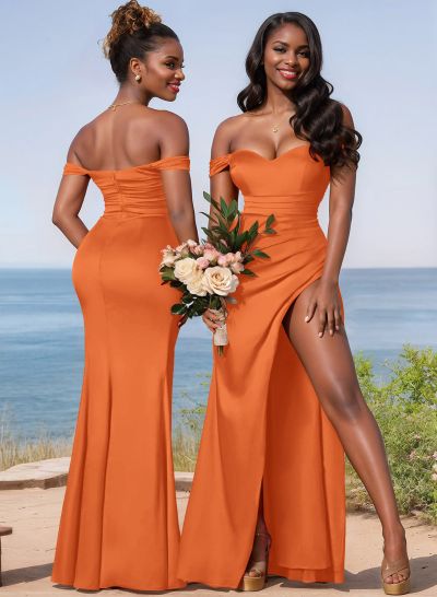 Sheath/Column Off-The-Shoulder Charmeuse Bridesmaid Dresses With High Split