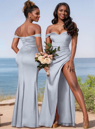 Sheath/Column Off-The-Shoulder Floor-Length Satin Bridesmaid Dresses With High Split