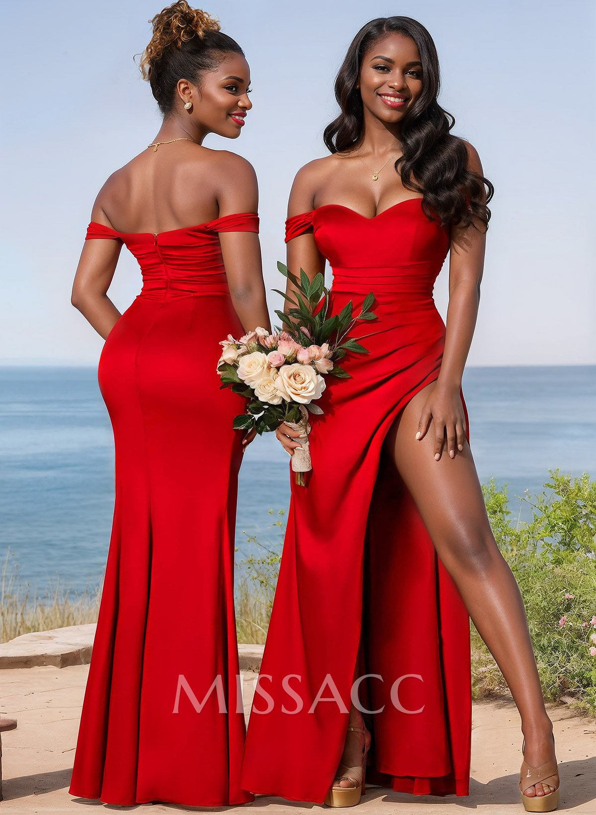 Sheath/Column Off-The-Shoulder Floor-Length Charmeuse Bridesmaid Dresses With High Split Sheath/Column Off-The-Shoulder Floor-Length Charmeuse Bridesmaid Dresses With High Split