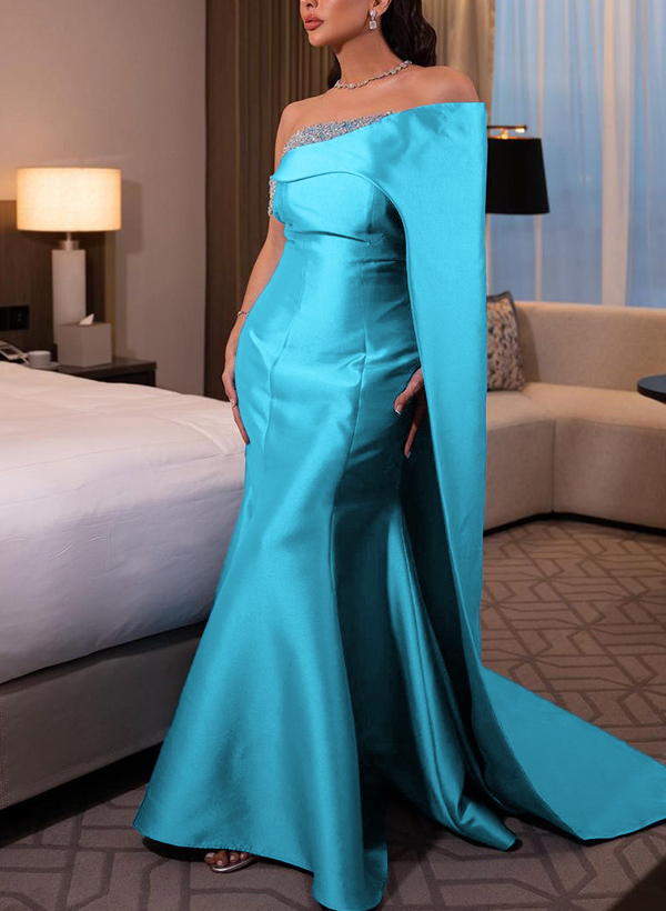 Trumpet/Mermaid Asymmetrical Sweep Train Satin Evening Dresses With Sequins