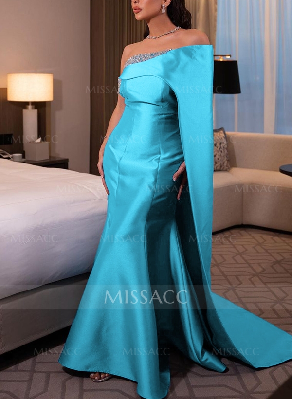 Trumpet/Mermaid Asymmetrical Sweep Train Satin Evening Dresses With Sequins