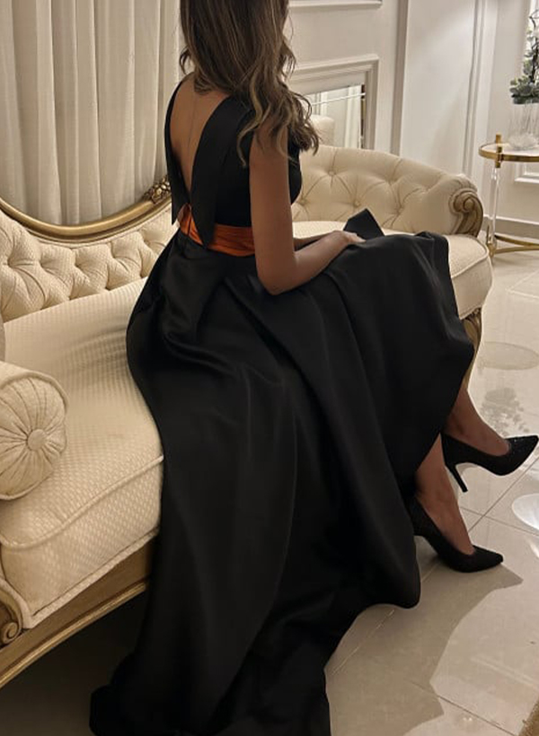 A-Line Scoop Neck Sleeveless Sweep Train Satin Homecoming Dresses