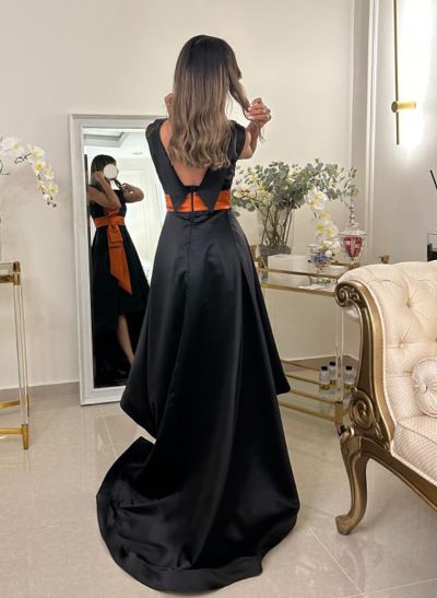 A-Line Scoop Neck Sleeveless Sweep Train Satin Homecoming Dresses