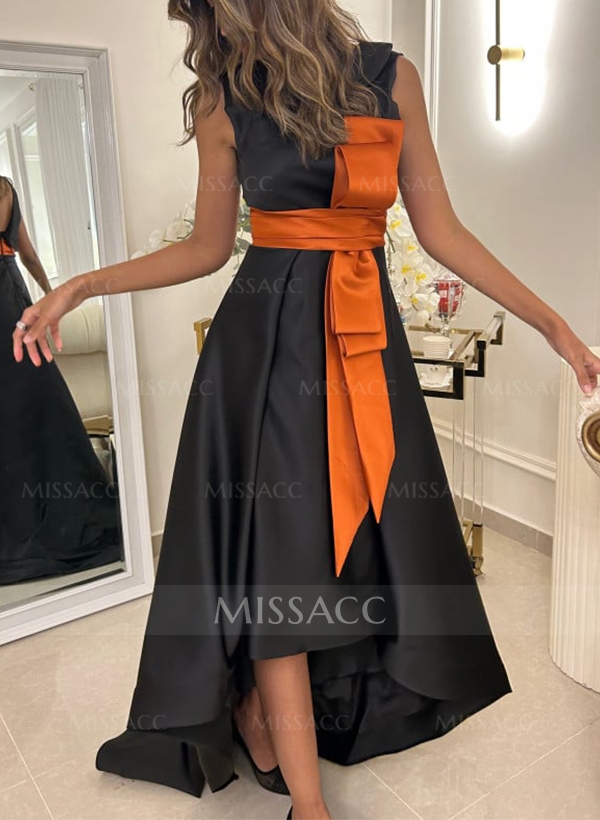 A-Line Scoop Neck Sleeveless Sweep Train Satin Homecoming Dresses