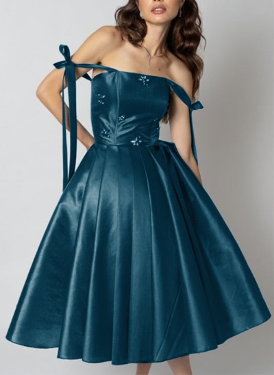 A-Line Off-The-Shoulder Sleeveless Tea-Length Satin Homecoming Dresses