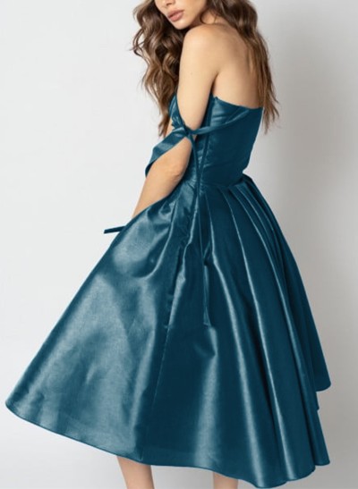 A-Line Off-The-Shoulder Sleeveless Tea-Length Satin Homecoming Dresses