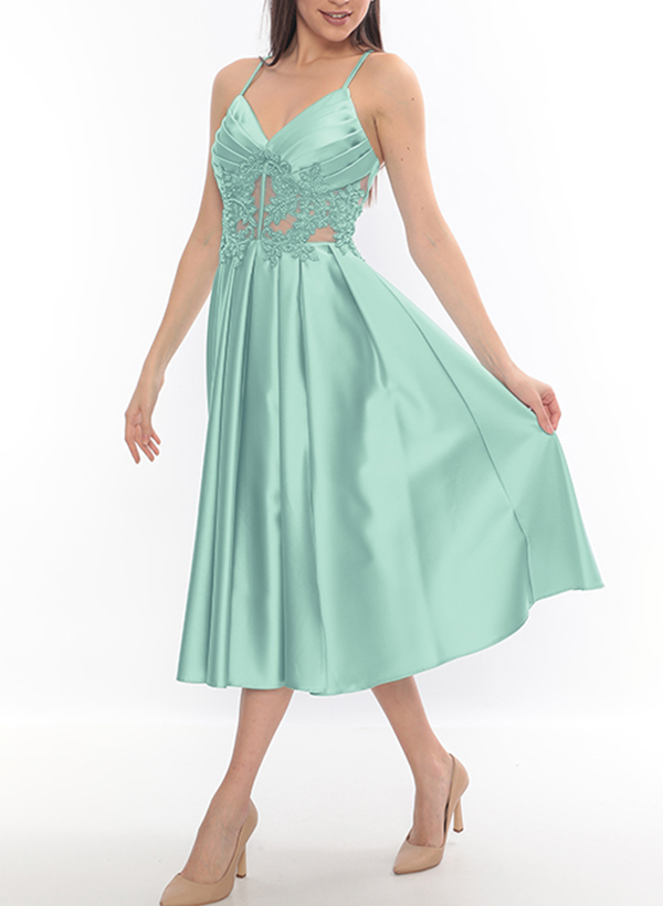 Sheath/Column V-Neck Sleeveless Satin Homecoming Dresses With Split Front