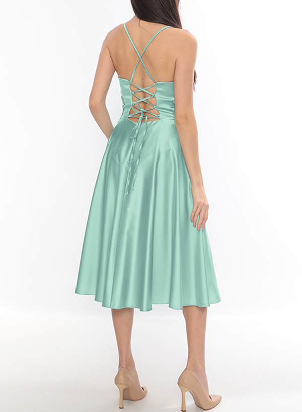 Sheath/Column V-Neck Sleeveless Satin Homecoming Dresses With Split Front