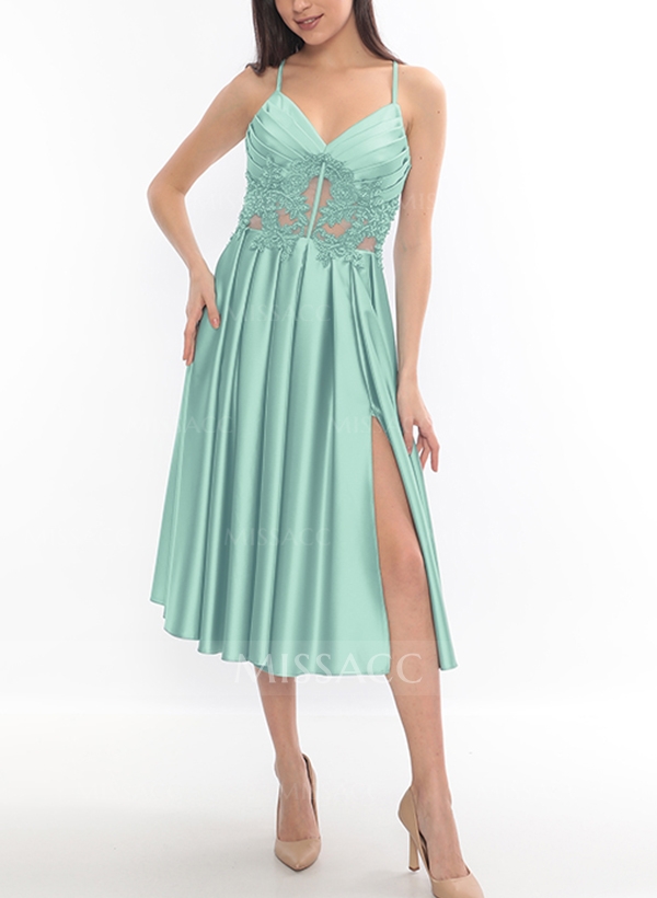 Sheath/Column V-Neck Sleeveless Satin Homecoming Dresses With Split Front