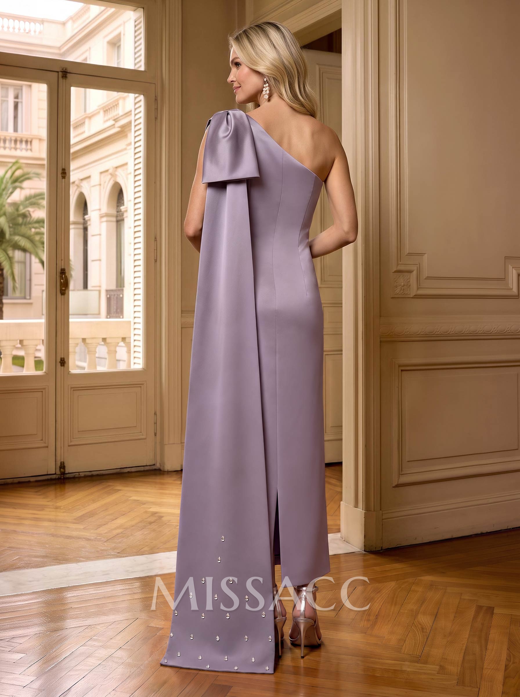 Sheath/Column One-Shoulde Satin Mother Of The Bride Dresses With Bow(s)