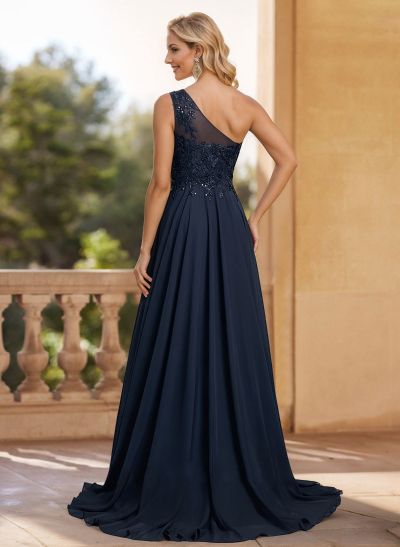 A-Line One-Shoulder Chiffon(Non-Stretch) Mother Of The Bride Dresses With Appliques Lace/High Split