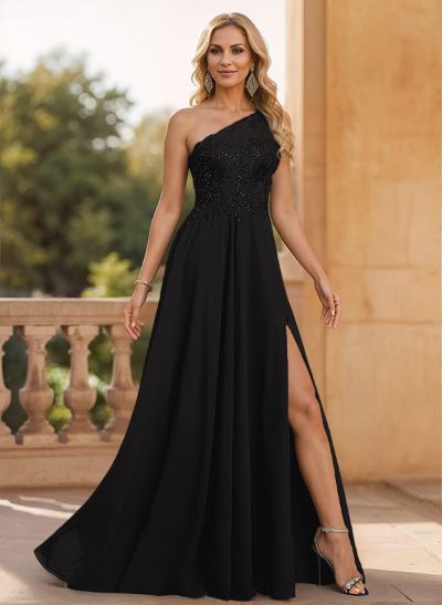 A-Line One-Shoulder Chiffon(Non-Stretch) Mother Of The Bride Dresses With Appliques Lace/High Split