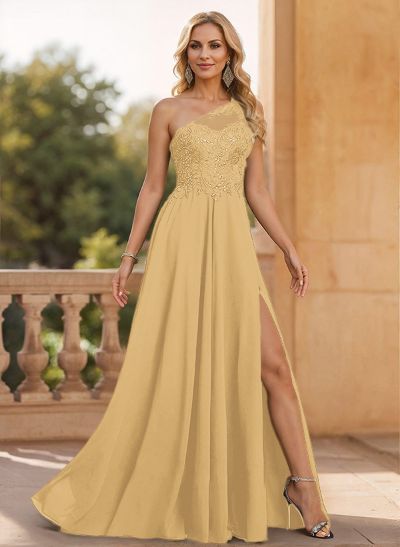 A-Line One-Shoulder Chiffon(Non-Stretch) Mother Of The Bride Dresses With Appliques Lace/High Split