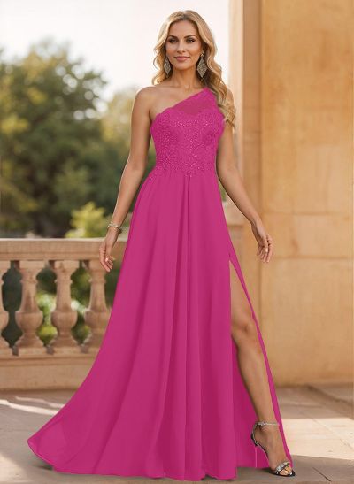 A-Line One-Shoulder Chiffon(Non-Stretch) Mother Of The Bride Dresses With Appliques Lace/High Split