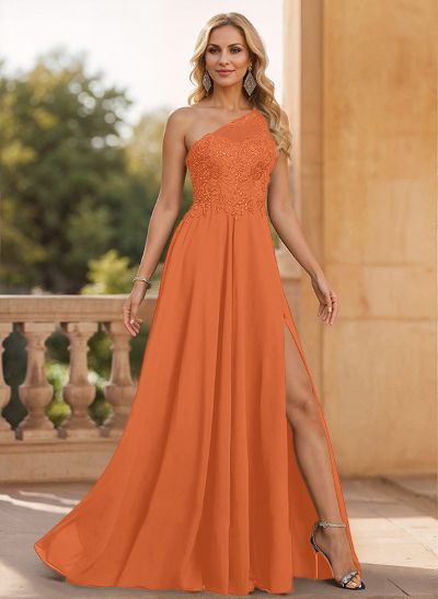 A-Line One-Shoulder Chiffon Mother Of The Bride Dresses With Appliques Lace/High Split