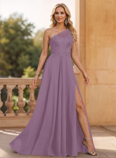 A-Line One-Shoulder Chiffon(Non-Stretch) Mother Of The Bride Dresses With Appliques Lace/High Split