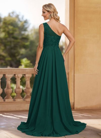 A-Line One-Shoulder Chiffon Mother Of The Bride Dresses With Appliques Lace/High Split