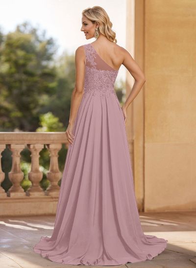 A-Line One-Shoulder Chiffon(Non-Stretch) Mother Of The Bride Dresses With Appliques Lace/High Split