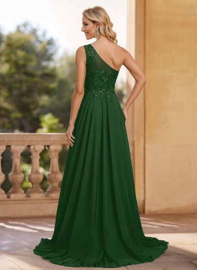 A-Line One-Shoulder Chiffon Mother Of The Bride Dresses With Appliques Lace/High Split