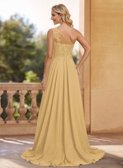 A-Line One-Shoulder Chiffon(Non-Stretch) Mother Of The Bride Dresses With Appliques Lace/High Split