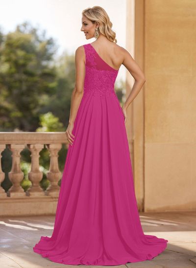 A-Line One-Shoulder Chiffon(Non-Stretch) Mother Of The Bride Dresses With Appliques Lace/High Split