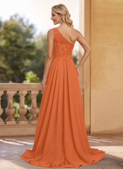 A-Line One-Shoulder Chiffon Mother Of The Bride Dresses With Appliques Lace/High Split