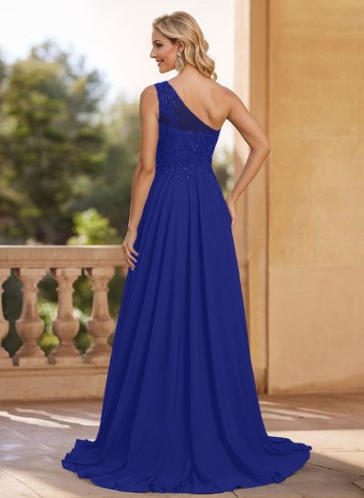 A-Line One-Shoulder Chiffon(Non-Stretch) Mother Of The Bride Dresses With Appliques Lace/High Split