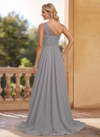 A-Line One-Shoulder Chiffon Mother Of The Bride Dresses With Appliques Lace/High Split